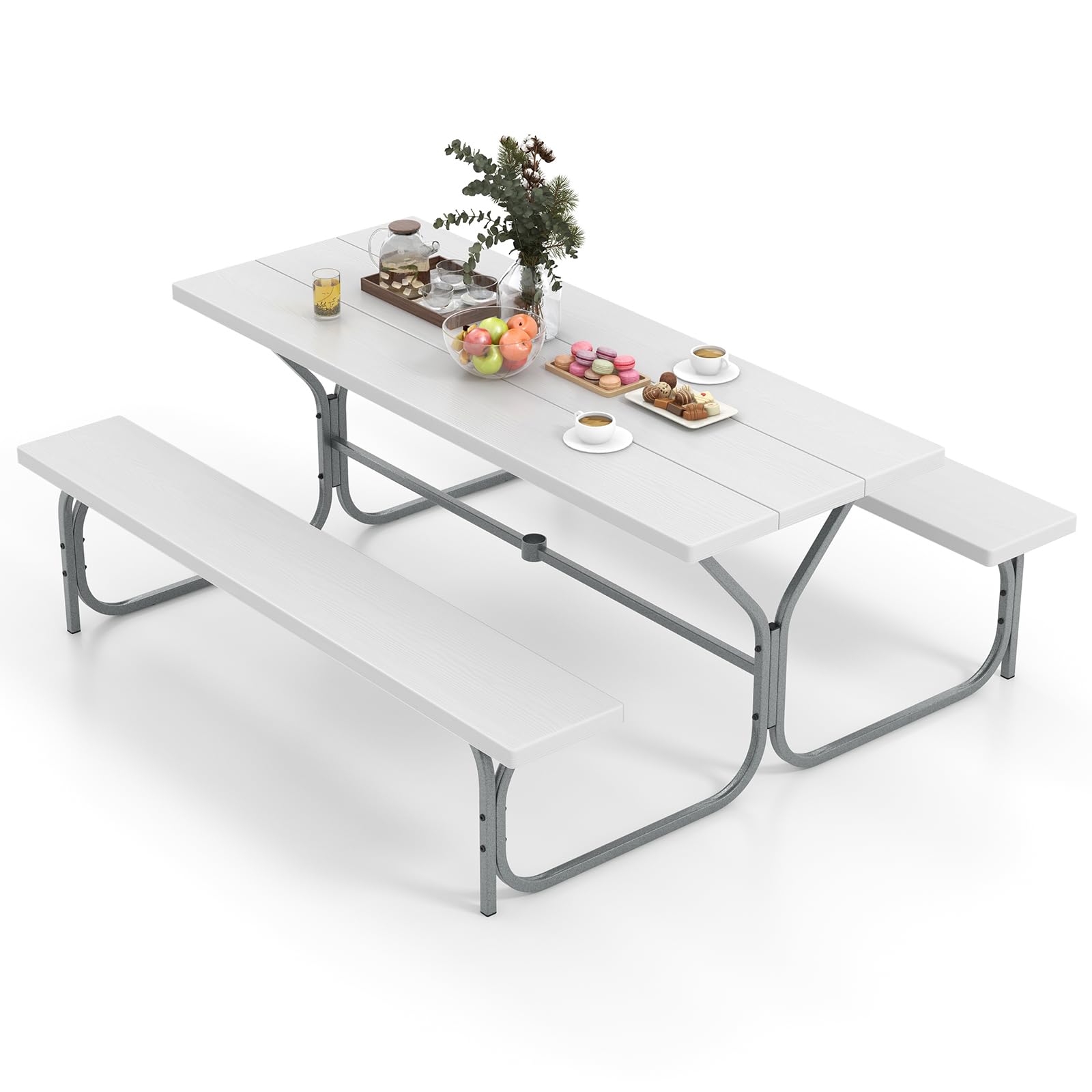 Table de pique-nique Tangkula de 1,8 m, table de pique-nique extérieure avec 2 bancs intégrés, trou pour parasol, cadre en métal et plateau en PEHD